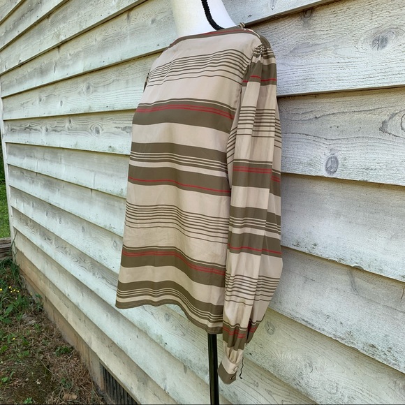 Vintage 80s Tan Striped Boat Neck Collarless Long Sleeve Popover Semi Sheer Top - Picture 3 of 16